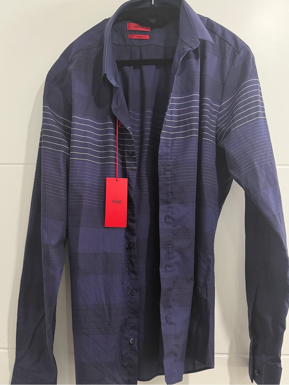 HUGO Men's Navy Blue Button-Up Shirt with White Stripe Detail